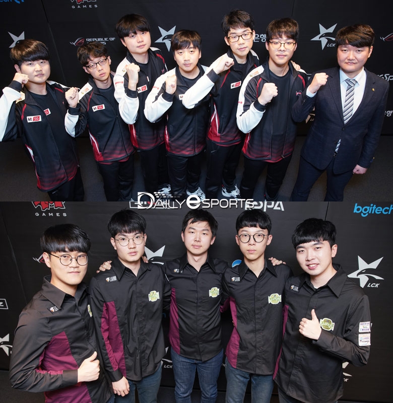 개막전 맞대결을 치르는 kt 롤스터(위)와 진에어 그린윙스.