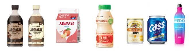 왼쪽부터 코카-콜라사 ‘조지아 크래프트’, 서울우유 ‘서울우유 복숭아’, 한국야쿠르트 ‘야쿠르드 그랜드’, 하이트진로 ‘기린이치방 미니캔’, 오비맥주 ‘카스 한입캔’, 롯데주류 ‘스베드카 블루 라즈베리’/ 사진 제공 = 함샤우트