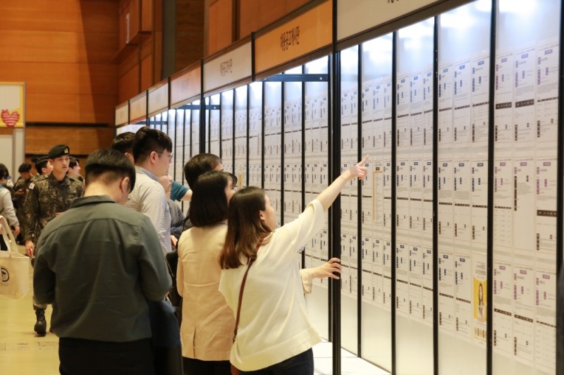 28일 서울 강남구 삼성동 코엑스에서 열린 '2019 제1차 KB굿잡 우수기업 취업박람회'에 참여한 구직자들이 채용공고게시판을 살펴보고 있다.