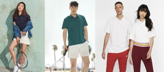 폴로티셔츠를 활용한 액티브 에슬레저룩 네파 전지현, 장기용, 나이키 화보컷 (왼쪽부터)