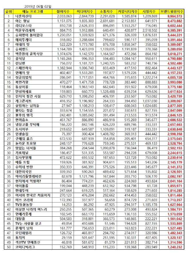 예능 프로그램 브랜드평판 6월 빅데이터 분석 1위는 '나혼자산다'