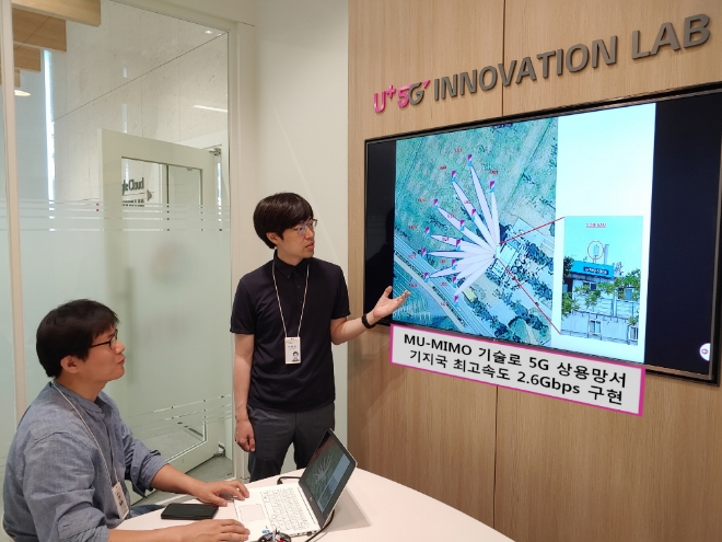 LG유플러스가 5G 핵심기술인 MU-MIMO를 5G 상용망에 활용해 기지국 최고속도를 구현했다.LG유플러스(부회장 하현회)는 MU-MIMO(다중 사용자 다중 입출력) 기술을 활용해 서울 여의도에서 13대 이상의 5G 단말로 동시 접속속도를 측정, 2.6Gbps 이상의 기지국 속도를 구현했다고 6일 밝혔다. / 사진 제공 = LG유플러스