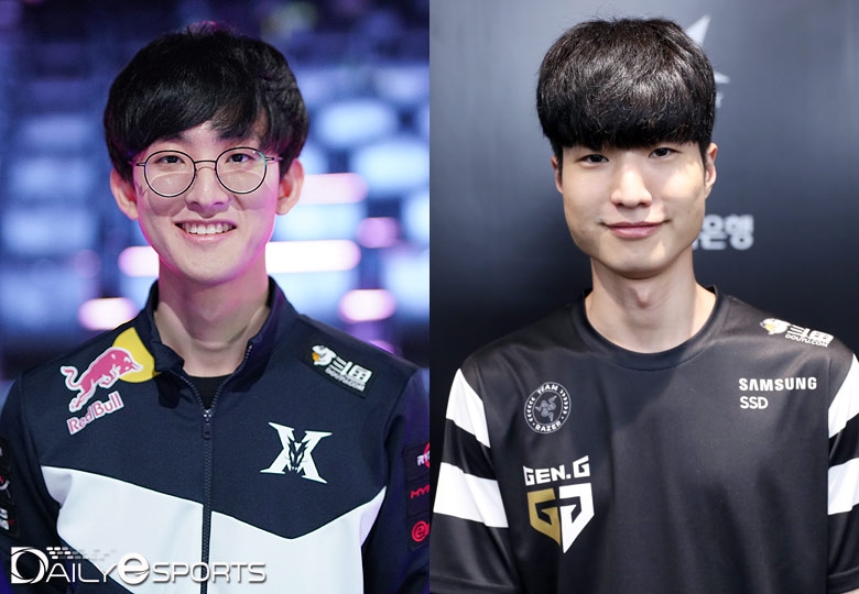 킹존 드래곤X의 미드 라이너 '내현' 유내현(왼쪽)과 젠지 e스포츠의 미드 라이너 '쿠잔' 이성혁.