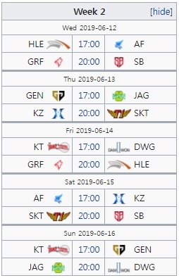 LCK 서머 2주차 대진(자료=lol.gamepedia.com 발췌).