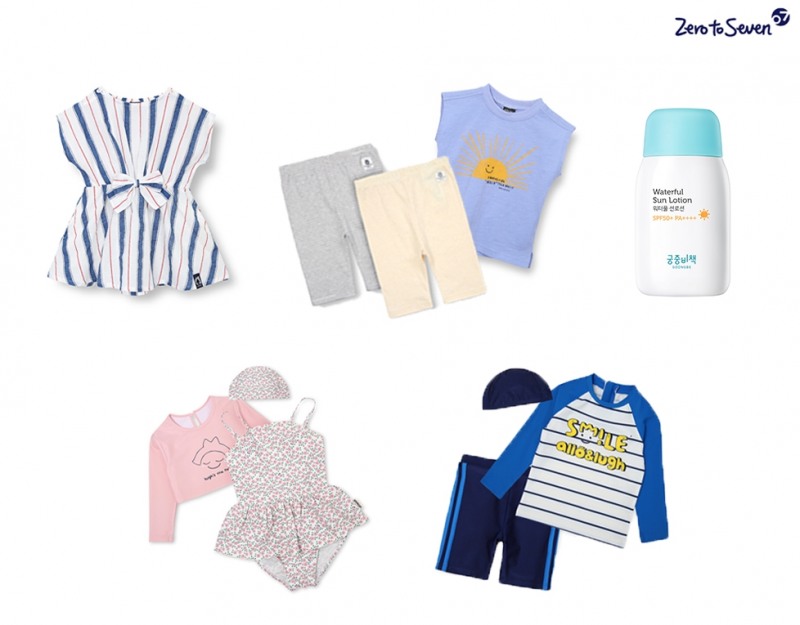 (왼쪽 위부터) 알로앤루 ‘요래이쁜스트라이프원피스’, 알퐁소 ‘C.데일리ST레깅스’&유닉절개나시티셔츠, 궁중비책 ‘순딩자차 워터풀 선로션’, 알로앤루 ‘플라워수영복’, 알로앤루 ‘간지나수영복’.(이미지=제로투세븐)