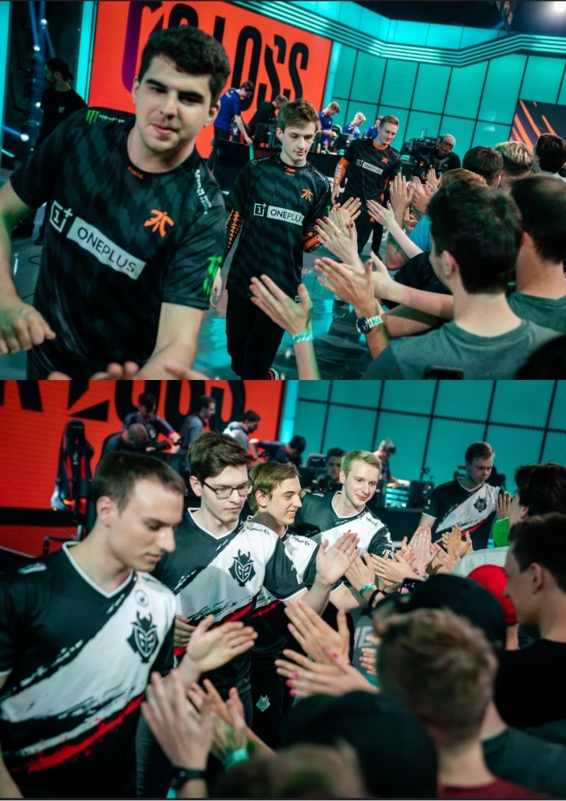 프나틱(위)와 G2 e스포츠 선수들이 승리한 뒤 팬들과 하이파이브를 하고 있따(사진=라이엇 게임즈 제공).