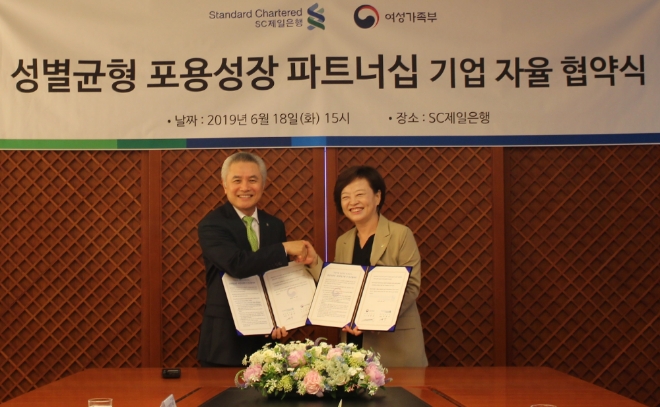 18일 서울 종로구 SC제일은행 본점에서 열린 SC제일은행과 여성가족부의 ‘성별균형 포용성장 파트너십 자율 협약식’에서 진선미 여성가족부 장관(오른쪽)이 박종복 SC제일은행장(왼쪽)과 협약서에 서명한 후 환하게 웃고 있다. / 사진 제공 = SC제일은행