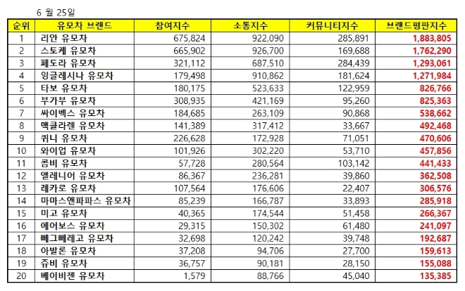 유모차 브랜드평판 6월 빅데이터 분석 1위는 리안...2위 스토케, 3위 페도라 順