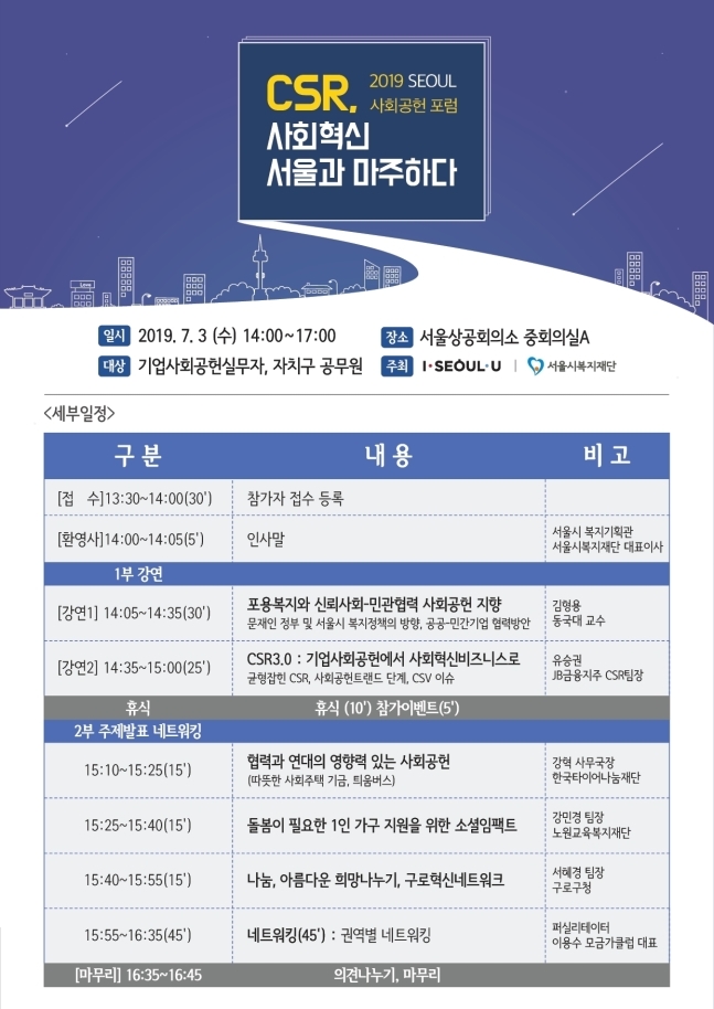 서울시, 민·관 협력 통해 사회문제 해결한다.. '2019 SEOUL 사회공헌 포럼' 개최