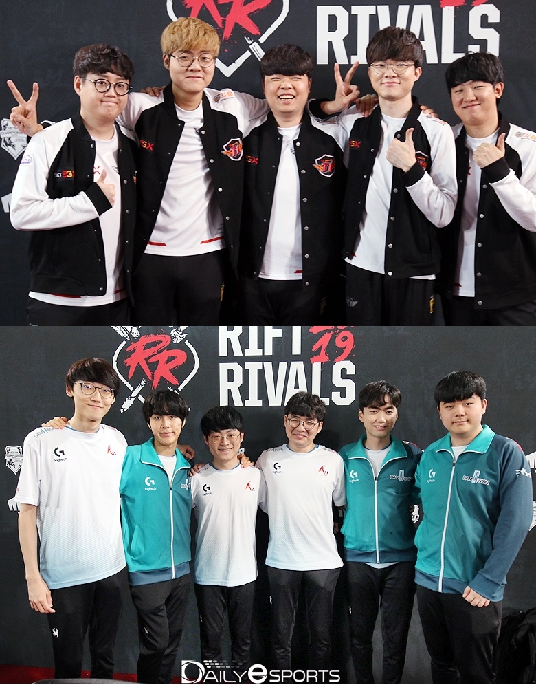 리프트 라이벌즈 2019 2일차에서 LPL 팀들과 대결할 SK텔레콤 T1(위)와 담원 게이밍.