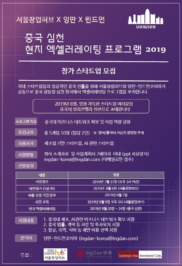 서울창업허브, ‘잉딴-린드먼코리아’와 제조업 스타트업을 위한 중국 심천 현지 액셀러레이팅 프로그램 진행