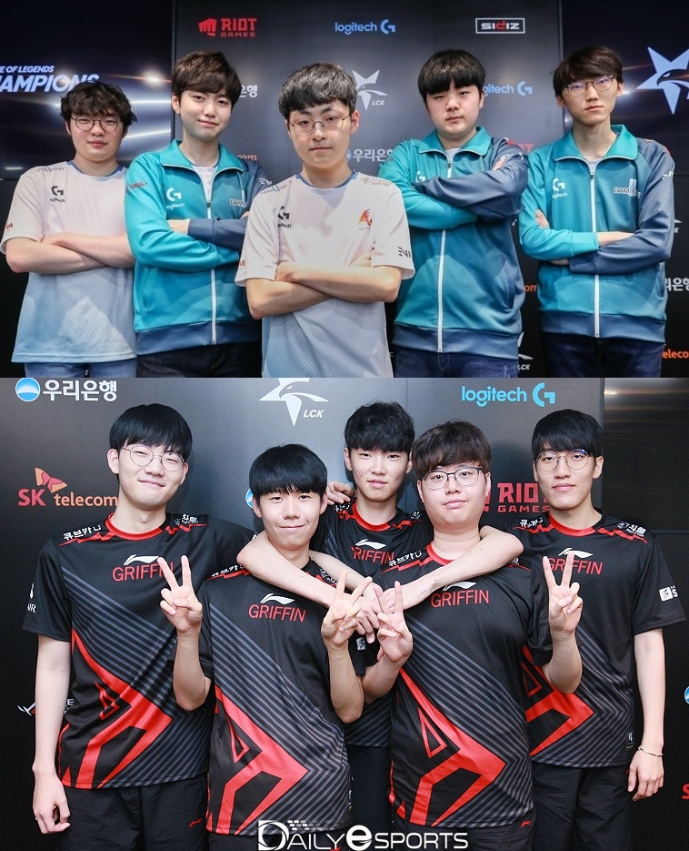 LCK 서머 6주차 베스트 매치로 꼽히는 담원 게이밍(위)과 그리핀.