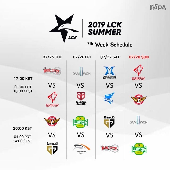 LCK 2019 서머 7주차 일정 및 대진(자료=한국e스포츠협회 페이스북 발췌).