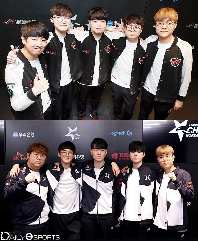 8승5패로 동률을 기록중인 SK텔레콤 T1(위)과 킹존 드래곤X.