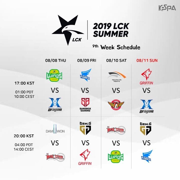 LCK 2019 서머 9주차 일정(사진=한국e스포츠협회 페이스북 발췌).