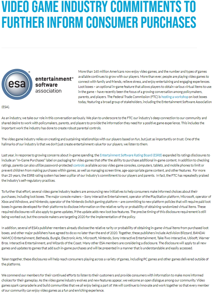 [이슈] 美 ESA, 내년부터 확률형 아이템 자율규제 돌입
