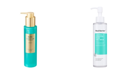 모공 케어의 첫걸음 ‘클렌징’을 잘하는 것이다. (좌로부터) AHC ‘에센스 케어 클렌징 오일 에메랄드’, 리얼베리어 ‘컨트롤-T 클렌징 폼’