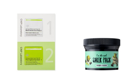 일주일에 두 번 스페셜 모공 케어가 필요하다. (좌로부터) 차앤박 '안티포어 블랙헤드 클리어 키트', 드림웍스 ‘아임 더 리얼 슈렉팩’