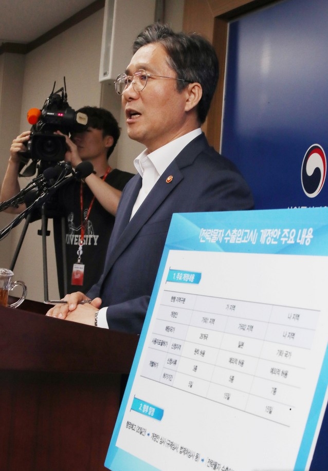 성윤모 산업통상자원부 장관이 12일 정부세종청사에서 전략물자 수출입고시 개정안 발표를 하고 있다
