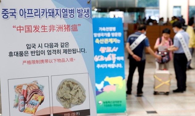 인천항 제2여객터미널 검역소에서 농림축산검역본부 등 유관기관 관계자들이 입국자들을 대상으로 현장 점검을 하고 있다