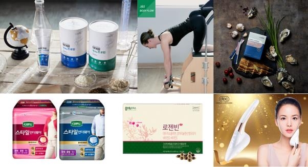사진설명 (좌측부터 시계방향) 대상웰라이프 ‘마이밀 뉴Nu프로틴’, 제이앤에스 바디플로우 ‘시니어 프로그램’, 대상웰라이프 ‘닥터 아르기닌’, DPC ‘스킨아이론’, 풀무원로하스 ‘로젠빈’, 유한킴벌리 ‘디펜드’