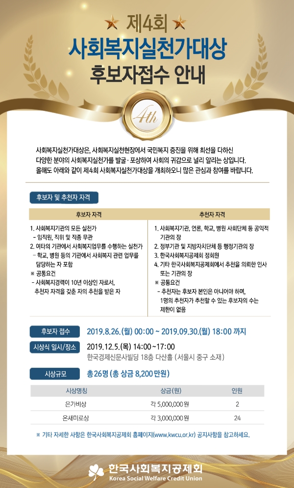 한국사회복지공제회, 제4회 사회복지실천가대상 후보자 접수 시작