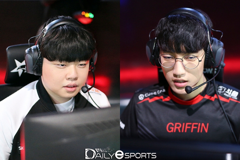 SK텔레콤 T1의 '클리드' 김태민(왼쪽)과 그리핀의 '타잔' 이승용.