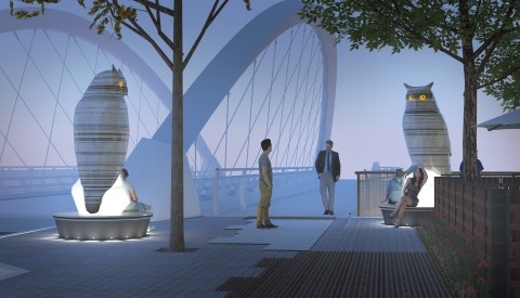 지나가는 사람들에 반응해 머리 부분을 회전시킬 수 있는 미국 오스틴에 설치된 켐펠렌 부엉이