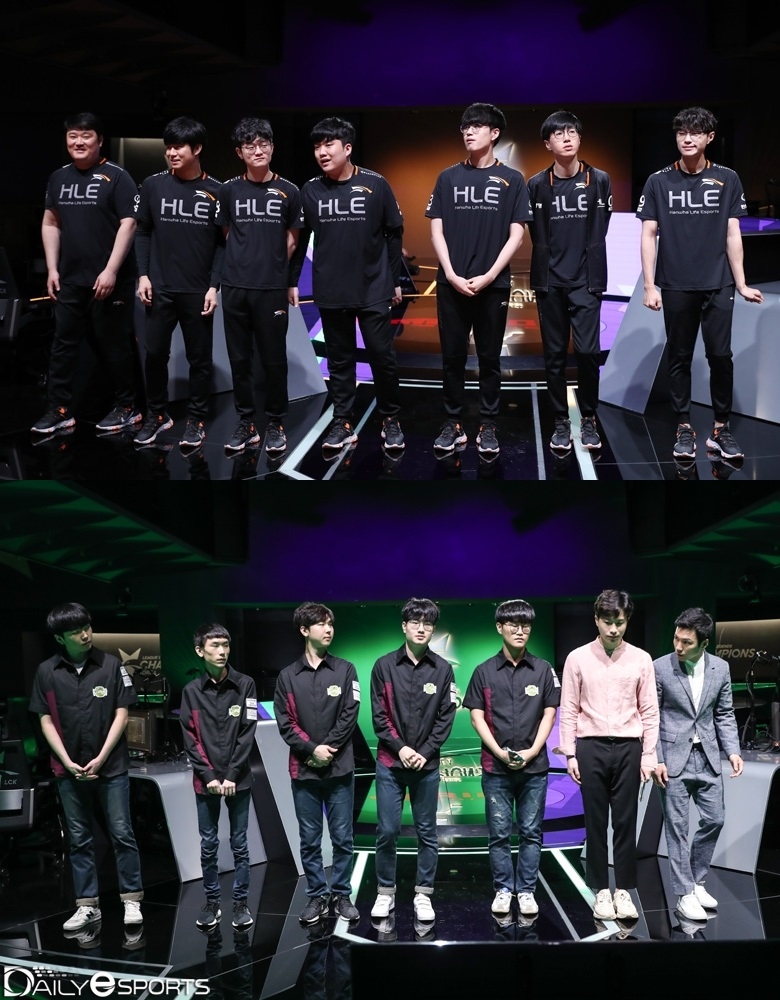 LCK 2020 스프링 승강전에서 맞붙는 한화생명e스포츠(위)와 진에어 그린윙스.