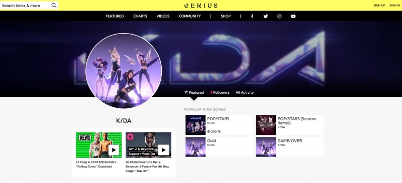 지니어스의 K/DA 페이지(사진=https://genius.com/K-da-gold-lyrics 캡처).