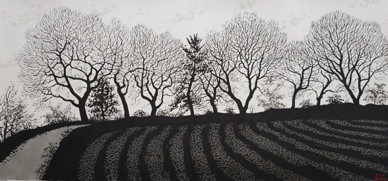 추니박, '나무가 있는 검은풍경' 90X190, 한지에 먹, 2019 / 사진= BT 갤러리