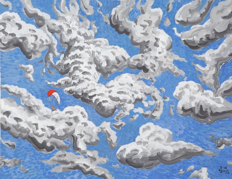 추니박, '구름과-함께-날다' 72X93, 한지에 아크릴, 2018 / 사진= BT 갤러리