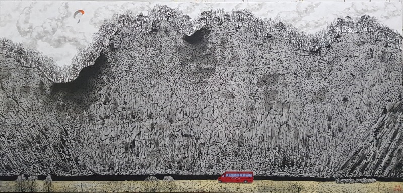 추니박, '빨간버스가 있는 풍경-정선' 90X190, 한지에 먹과 아크릴, 2018-2019 / 사진= BT 갤러리