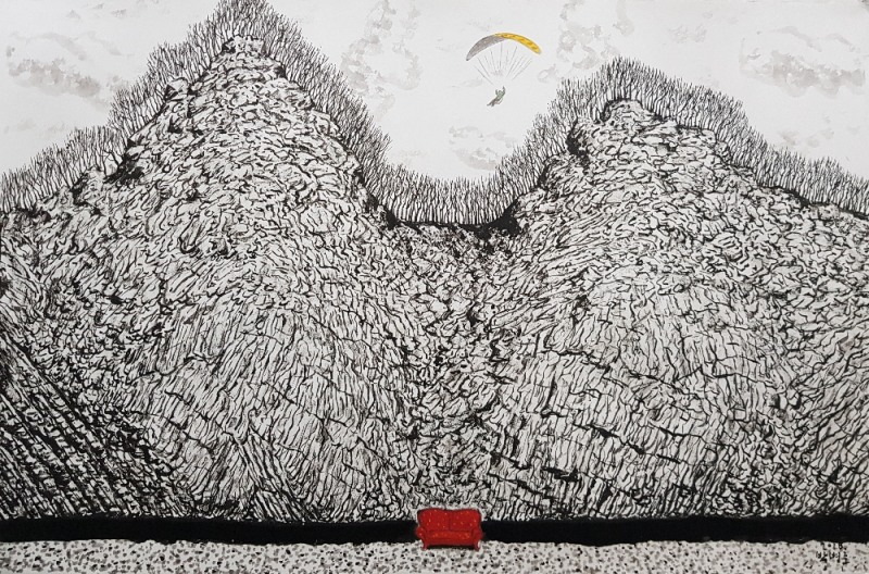 추니박, '낯선,어떤풍경 빨간소파', 60.5X90.5, 한지에 먹과 아크릴, 2018 / 사진= BT 갤러리