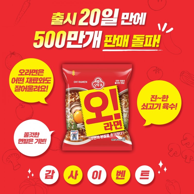 오뚜기, '오!라면' 출시 20일만에 누적판매량 500만개 돌파