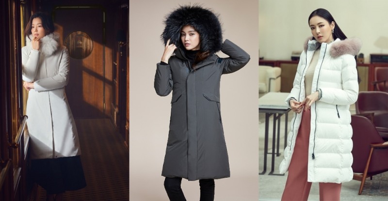 아웃도어 업계 ‘코트형다운’ 화보, 왼쪽부터 네파 ‘구스코트 아르테’, 밀레 ‘GTX 아인 L 다운’, 아이더 ‘아리아’