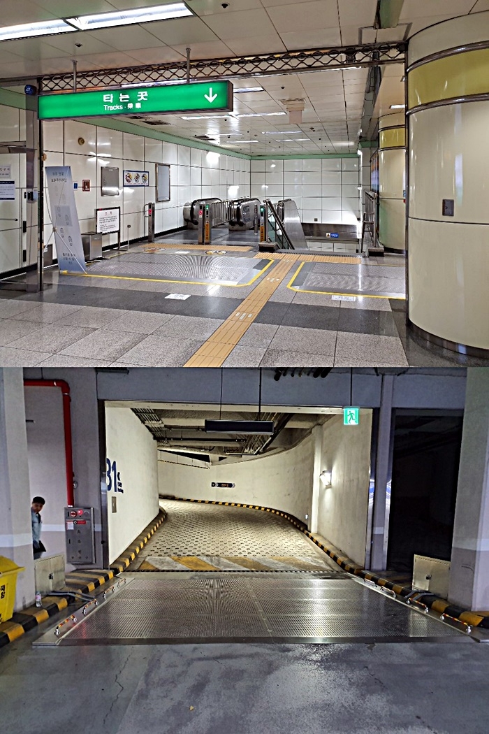 (사진=TESTONIC) 지하철역사 내 에어매트와 건물 지하주차장에 에어매트W가 설치돼 있는 모습
