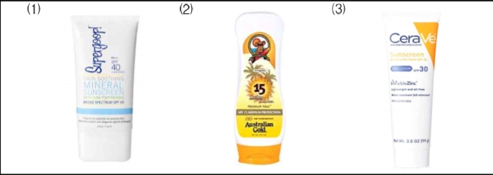 좌측부터_Supergoop!, Skin Soothing Mineral Sunscreen SPF40/ Australian Gold, Lotion Sunscreen SPF 15 / CeraVe, Sunscreen Body Lotion SPF 30