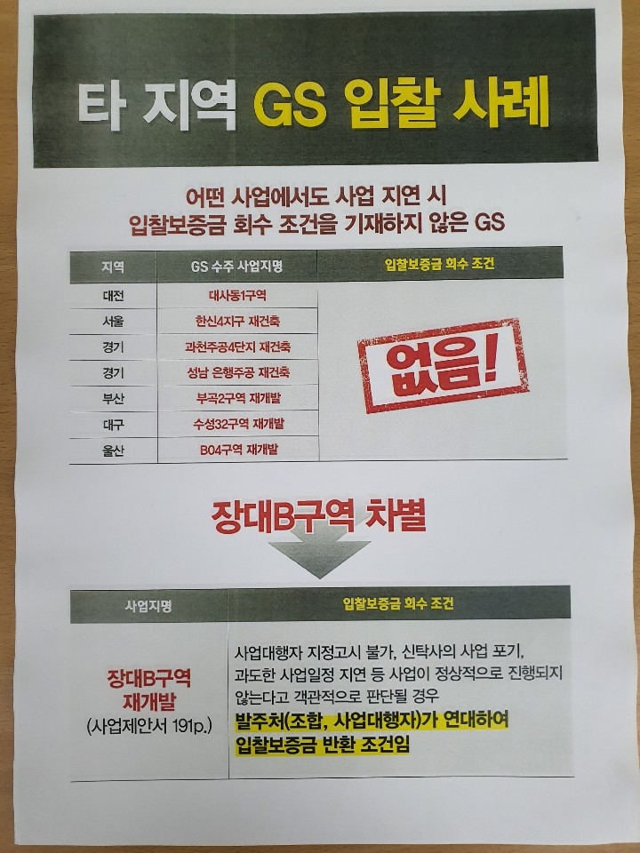 GS건설, 장대B구역 '입찰보증금 200억 반환' 조건 논란