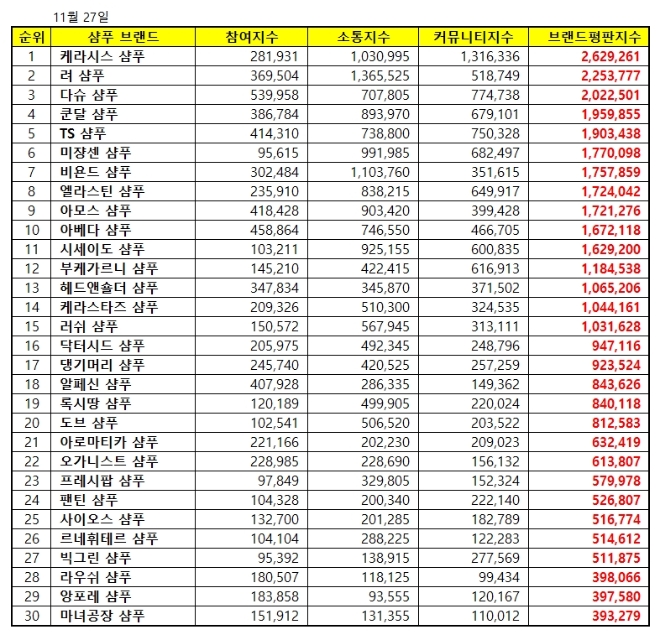 샴푸 브랜드평판 11월 빅데이터 분석 1위는 '케라시스 샴푸'