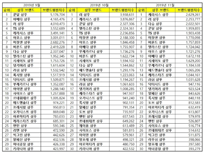샴푸 브랜드평판 11월 빅데이터 분석 1위는 '케라시스 샴푸'