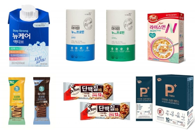 사진설명 (좌측부터 시계방향) 대상웰라이프 ‘뉴케어 액티브’, 대상웰라이프 ‘마이밀 뉴프로틴’,동서식품 ‘포스트라이스앤 프로틴’, 하림 ‘P+ 프로틴 쉐이크’, 오리온 ‘닥터유 단백질바’,롯데제과 ‘에스리턴 프로틴 브라우니바’