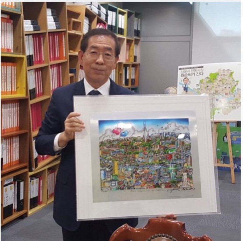 찰스 파지노 작품과 박원순 서울시장 / 사진=산지갤러리