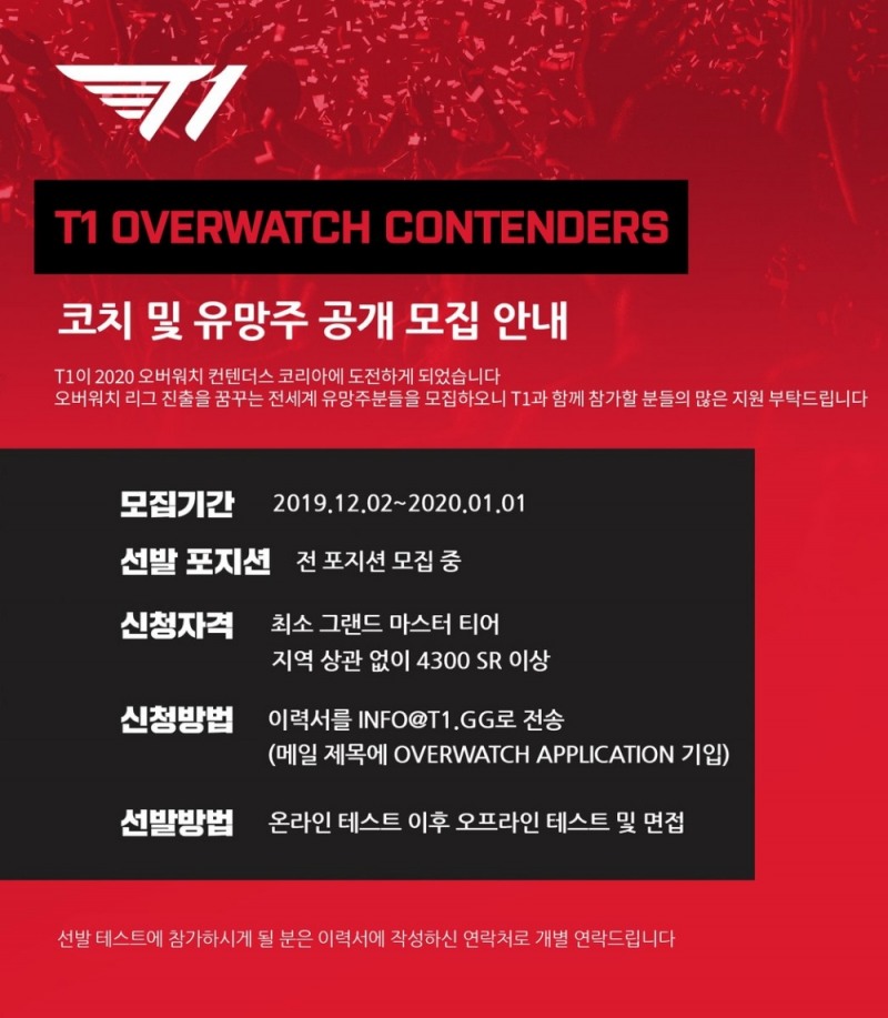 T1, 오버워치 도전…코치 및 유망주 공개 모집