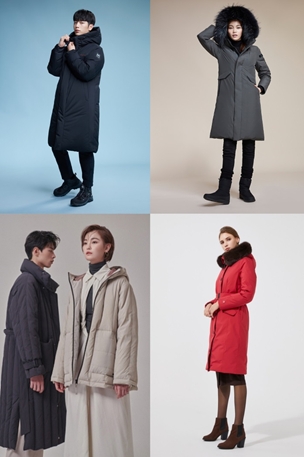 왼쪽 위부터 시계방향으로 밀레 ‘벨레누스 다운’과 ‘GTX 아인 L 다운’, 지오스피릿 ‘이태리구스 시그니처 다운’, 헤드 ‘버티컬 구스다운’