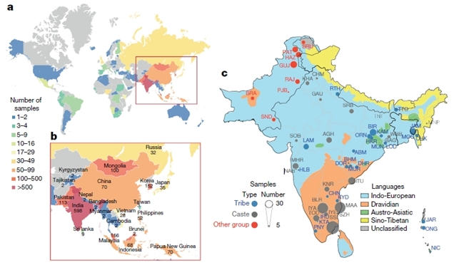 게놈아시아 100K 프로젝트의 국가별 샘플 수 및 분포도(a와 b: 국가별 샘플 수 / c: 남아시아 지역, 언어, 사회계급별 샘플 분포도)