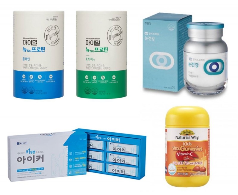 사진설명 (좌측부터 시계방향) 대상웰라이프 ‘마이밀 뉴프로틴’, 정관장 ‘눈건강’,종근당건강 ‘아이커’, GC녹십자웰빙 ‘키즈 비타구미 비타민C&아연’