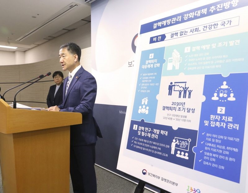 박능후 보건복지부 장관이 5월 28일 오전 정부세종청사에서 '결핵예방관리 강화대책'을 발표하고 있다.