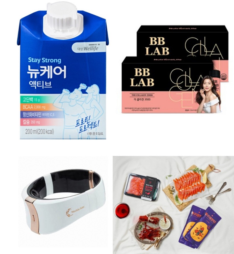 (좌측부터 시계방향) 대상웰라이프 ‘뉴케어 액티브’, ㈜뉴트리원 ‘더 콜라겐’,셀리턴 ‘넥클레이’, 엘본에프앤비 ‘홍연어포’, ‘홍연어 회’
