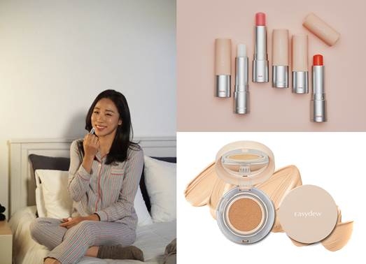 (좌측부터 시계방향) 배우 이미도, 이지듀 메이크업 틴트 립 밤 & 모이스트 립 밤, 이지듀 메이크업 유스 리커버리 비비 쿠션